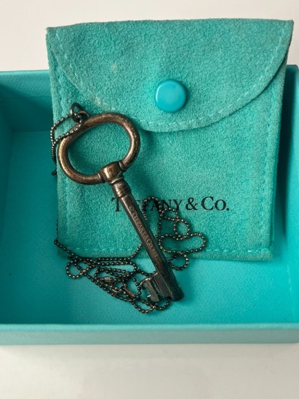 TIFFANY & Co. 925 Silver Oval Key Black Necklace w/ Silver Pendant Charm